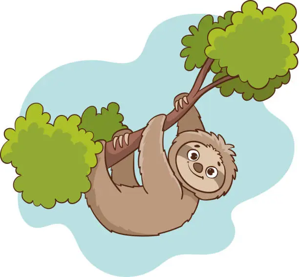 Vector illustration of Vector illustration of cute sloth hanging on a tree branch.