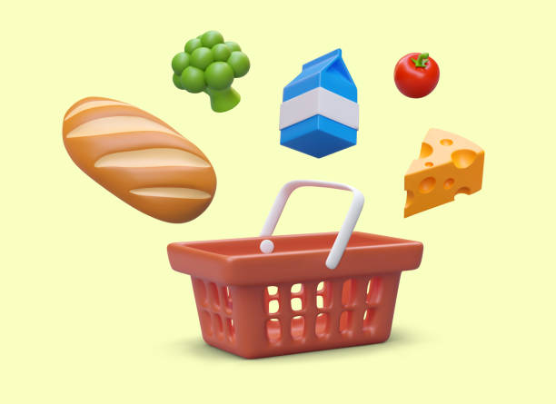 istock Empty shopping cart, bread, broccoli, carton of milk, tomato, cheese 2048891786