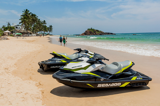 Mirissa Beach Southern Province Sri Lanka 19. March 2018 Hire a jet ski and enjoy water sports in Mirissa Beach Matara District Southern Province Sri Lanka.