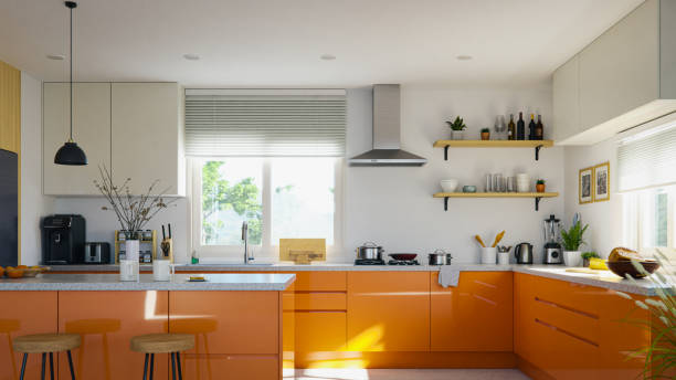 istock Minimal and clean kitchen interior with a combination of white and strong orange colors. 3d rendering 2048932361