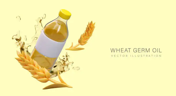 Vector illustration of Composition with realistic bottle with wheat germ oil, splash, and wheat