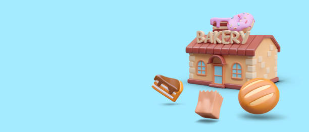 istock Poster with model of realistic bakery house with blue background and place for text 2048948473