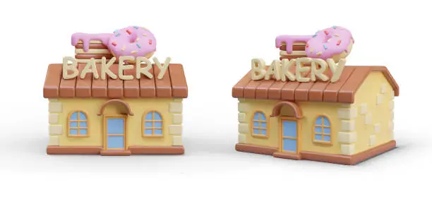 Vector illustration of 3d realistic model of shop in cartoon style. Bakery in different positions with cake and donuts