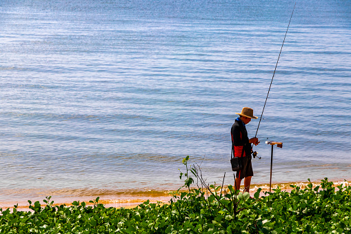 Pattaya Chon Buri Thailand 29. October 2018 Boat Fishing boats fisher with fishing rod and fishing net in Pattaya Bang Lamung Amphoe Chon Buri Thailand in Southeastasia Asia.