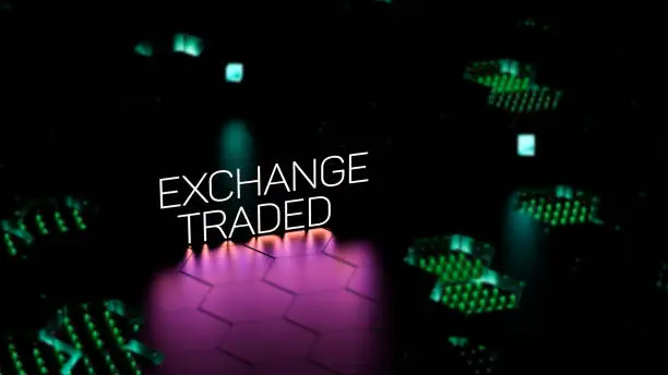 Photo of EXCHANGE TRADED luminous text, inscription. Exchange trade,stock market, investment strategy, financial, business concept, banner. 3D render