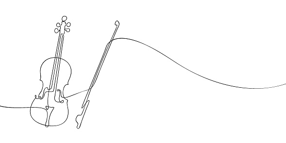A single line drawing of a violin with bow. Continuous line violin icon. One line icon. Vector illustration