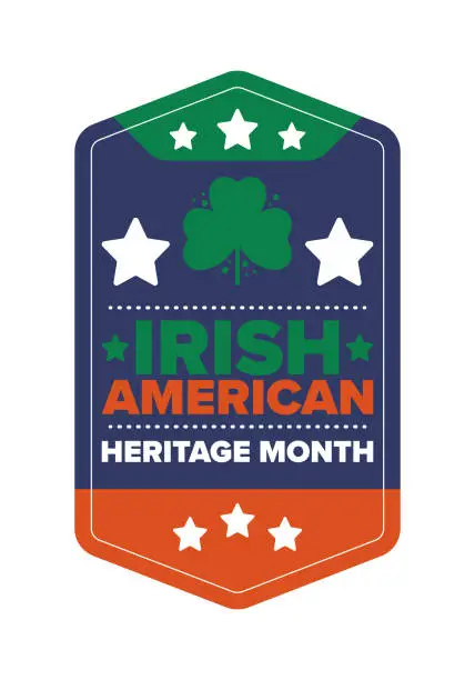 Vector illustration of Irish American Heritage Month. Annual celebrated all March in the United States. Honor achievements and contributions of Ireland immigrants to the history of America. Flags design. Vector poster