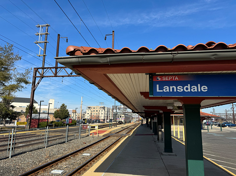 Lansdale, USA - February 8, 2024. Septa Train Station in downtown Lansdale, Pennsylvania, USA