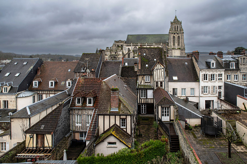 Panorama of the old town of Gisors in France with its old half-timbered houses typical of Normandy, and its church