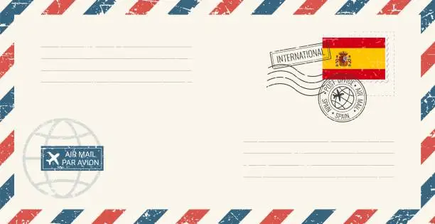 Vector illustration of Blank air mail grunge envelope with Spain postage stamp. Vintage postcard vector illustration with Spanish national flag isolated on white background. Retro style.