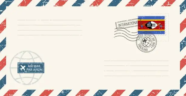 Vector illustration of Blank air mail grunge envelope with Swaziland postage stamp. Vintage postcard vector illustration with Swaziland national flag isolated on white background. Retro style.