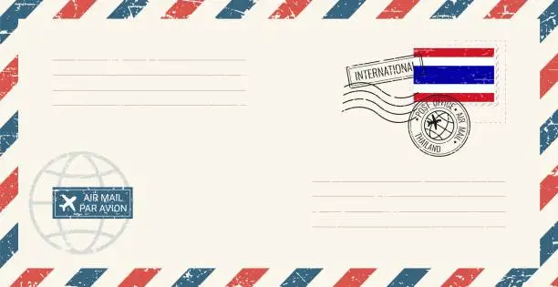 Vector illustration of Blank air mail grunge envelope with Thailand postage stamp. Vintage postcard vector illustration with Thai national flag isolated on white background. Retro style.