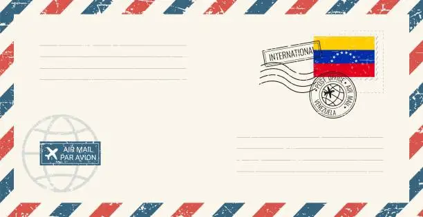 Vector illustration of Blank air mail grunge envelope with Venezuela postage stamp. Vintage postcard vector illustration with Venezuelan national flag isolated on white background. Retro style.