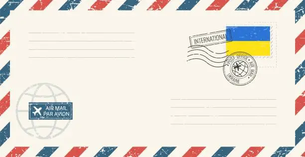 Vector illustration of Blank air mail grunge envelope with Ukraine postage stamp. Vintage postcard vector illustration with Ukrainian national flag isolated on white background. Retro style.