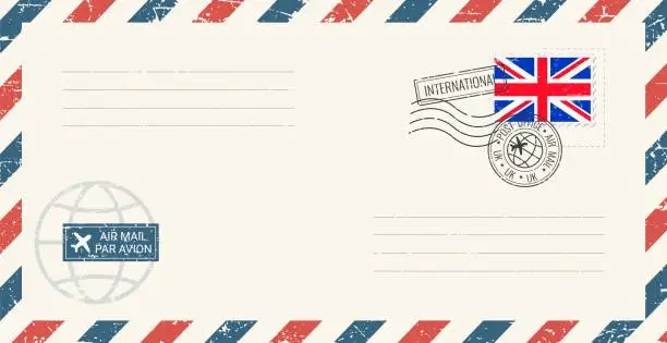 Vector illustration of Blank air mail grunge envelope with UK postage stamp. Vintage postcard vector illustration with British national flag isolated on white background. Retro style.