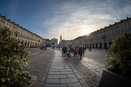 Turin, Piedmont, Italy - 20, February 2024: Piazza San Carlo is one of the symbols of Turin.  Various names were given to the square over the centuries: it was first Piazza Reale, then Piazza d'Armi and Place Napoléon in the Napoleonic period.