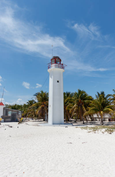 istock White lightouse with lush palm trees at remote beach cabo catoche in holbox mexico. 2049066212