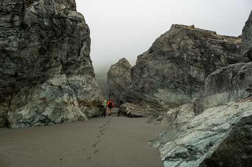 Hiker Walks Through The Exposed Rocks at Low Tide On The Coastal Trail In Redwood National Park