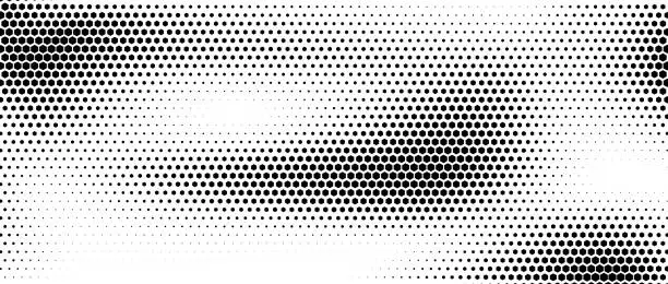 Vector illustration of Hexagon halftone gradient texture. Abstract black and white spotted background. Geometric retro tech wallpaper. Fading wavy hexagonal pattern backdrop. Vector vanishing honeycomb grunge overlay