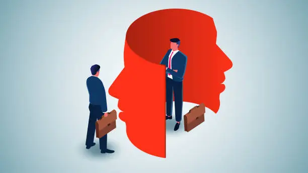 Vector illustration of Lies or deceptions, the art of speech, liars, fraud or betrayal, dishonesty, double-dealing, isometric traders standing around inside and outside of double-faced masks