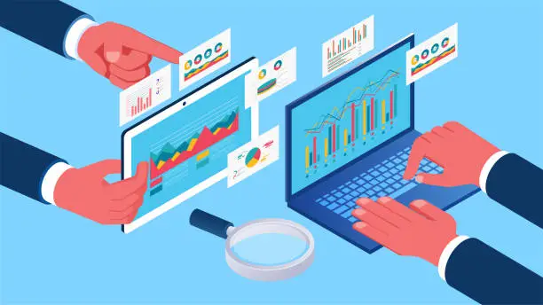 Vector illustration of Business data or financial reporting analysis, market research, etc. Spacing hand holding tablets and laptops to analyze data