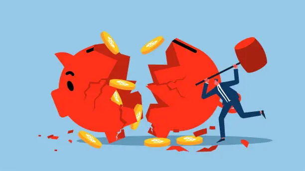Vector illustration of Bankruptcy, spending down savings, investment or business failure, loss of money or loss of business, angry businessman takes a hammer and smashes the piggy bank