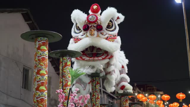close-up lion dance performance, a cornerstone of Chinese New Year celebrations