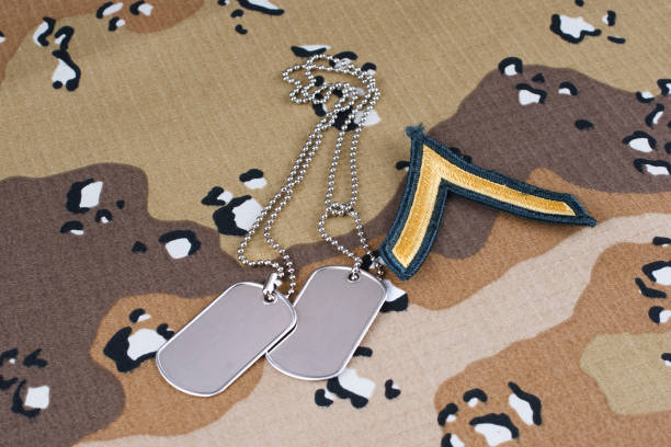 istock US ARMY Private rank patch and dog tags on desert camouflage uniform 2049128660