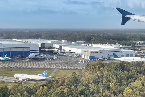 charleston, united states - 05 november 2022: an aerial view of a boeing plant in South carolina with planes parked outside
