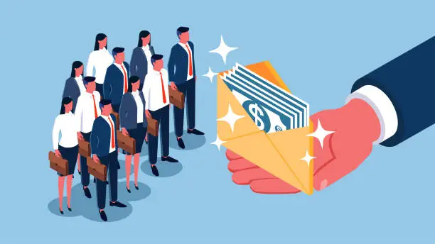 Vector illustration of Paying employees, payday, wages or income, employee incentives or rewards, a bunch of silly pedestrians standing in an isometric line with envelopes full of bills in hand