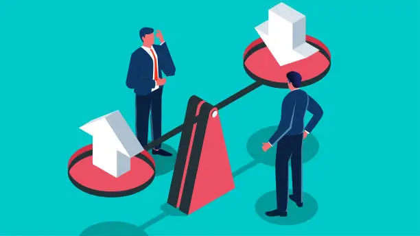 Vector illustration of Income is balanced with expenses, investment budgets, gains are balanced with losses, equidistant traders look at upward and downward arrows on a balancing scale to maintain balance