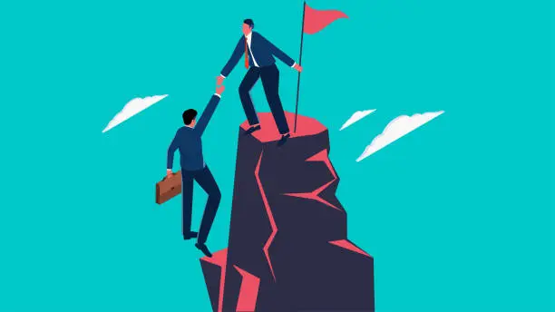 Vector illustration of Isometric businessman standing at the top of a cliff with a flag pulling his companion to the top, business or professional help and trust, cooperation and friendship
