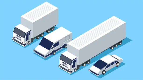 Vector illustration of Isometric trucks, automotive transportation, global logistics and transportation, world import and export trade transportation