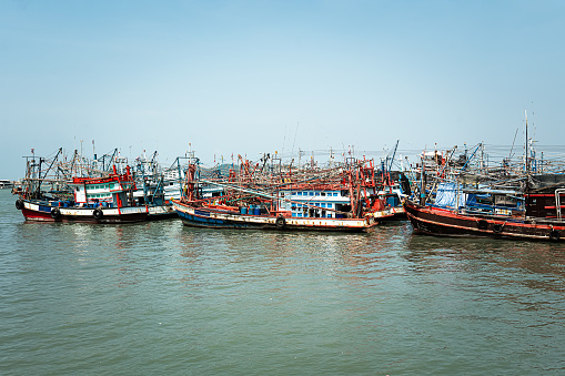 Large fishing boats are sailing in the sea to catch fish at Koh Chang, Thailand