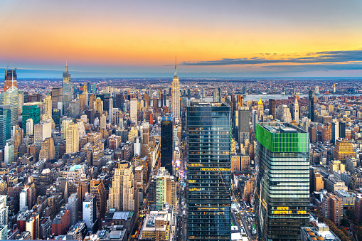 New York City, New York, USA skyline form above at dusk.