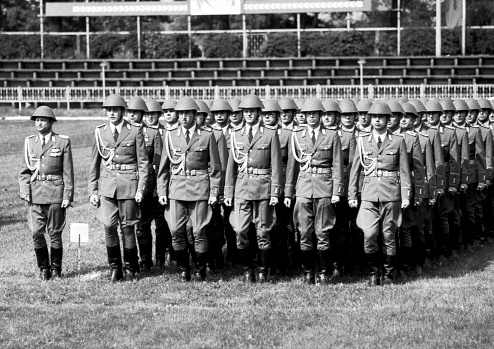 Parade on the occasion of the swearing in of graduates of the Ernst Thälmann officers' college of the land forces of the National People's Army of the GDR in Löbau .