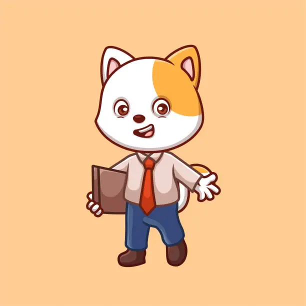 Vector illustration of Manager White Cat Cute Cartoon Illustration