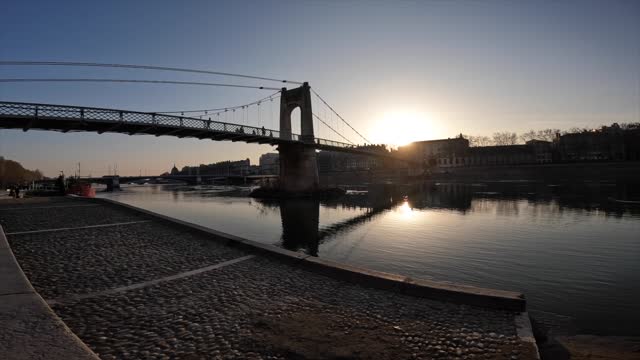 Panoramic view of sunset in city of Lyon France on Rhone River