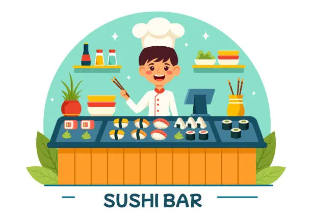 Vector illustration of Sushi Bar Vector Illustration of Japan Asian Food or Restaurant of Sashimi and Rice for Eating with Soy Sauce and Wasabi in Flat Cartoon Background