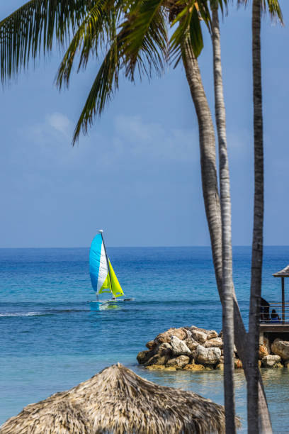 Lone sailboat on vibrant turquoise waters in the Caribbean. Expansive ocean scene with clear blue skies. Perfect for travel, relaxation, and nautical themes.