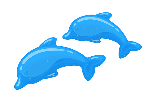 Jelly dolphins. Cartoon gummy dolphin shaped jelly candy, fruity chewy sweets in shape of underwater animal flat vector illustration. Cute gummy dolphins
