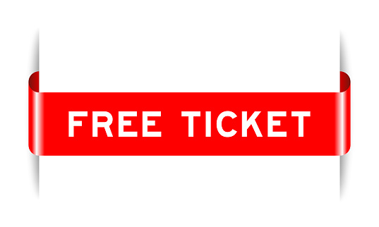 Red color inserted label banner with word free ticket on white background