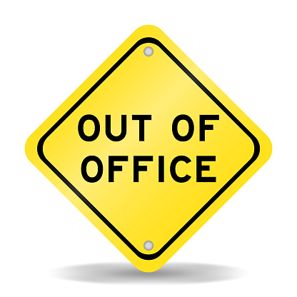 Yellow color transportation sign with word out of office on white background