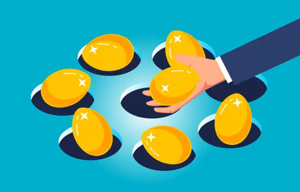 Vector illustration of Portfolios, investment strategies and plans, diversification to reduce the riskiness of investments, risk avoidance, hand holding the eggs inside each cave