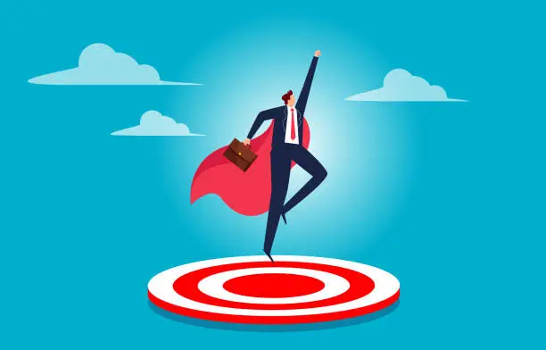 Vector illustration of Leadership, accomplishing goals and achievements, business goals or career challenges, businessmen wearing capes bouncing off the bullseye and taking off