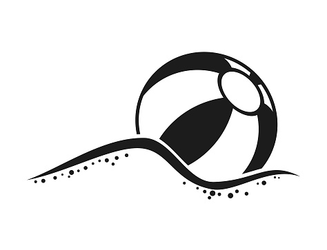 Stylized monochrome silhouette of game ball for playing beach volleyball, water polo, volleyball, basketball, soccer, and other sports, in water or slightly buried in sand or snow - cut out vector icon