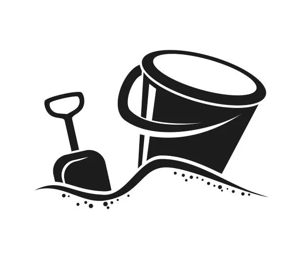 Vector illustration of Bucket With Handle And Shovel In Sand - Cut Out Vector Icon Silhouette