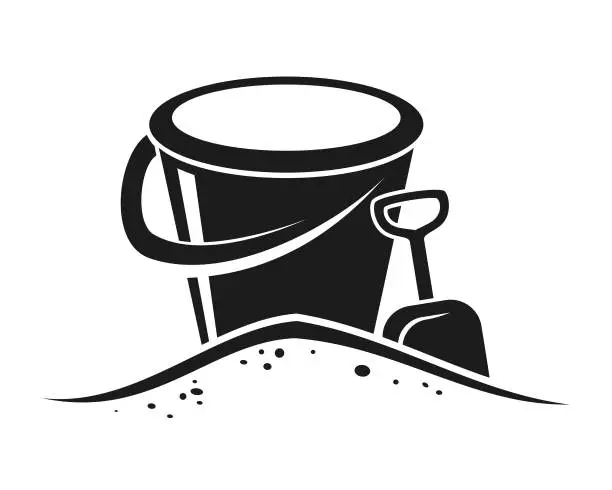 Vector illustration of Bucket With Handle And Shovel In Sand - Cut Out Vector Icon Silhouette