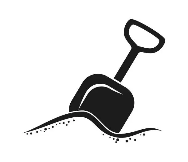 Vector illustration of Shovel With Handle In Sand - Cut Out Vector Icon Silhouette