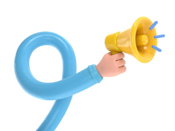 istock Cartoon Gesture Icon Mockup.3d hand holding yellow megaphone realistic icon,3D rendering on white background.long arms concept. 2049378353